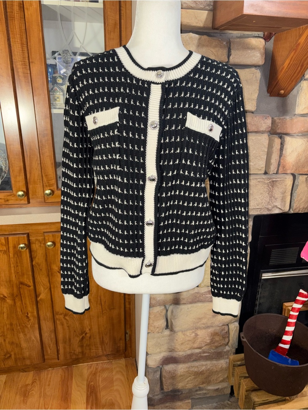 Black & Cream Knit Button-Front Cardigan